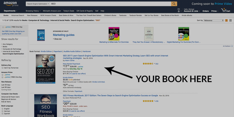 amazon SEO book search results: "Your Book Here" and arrow