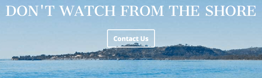 call to action on a boat dealer website that says "don't watch from the shore" above a contact us button