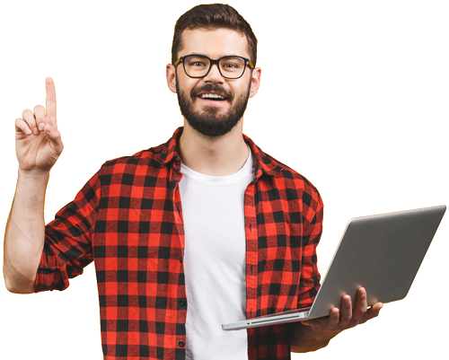 man holding a laptop and one finger up in the air like he has an idea