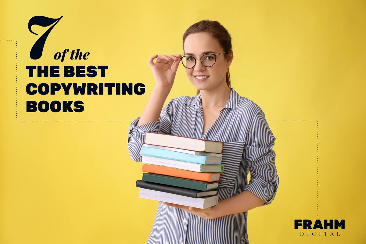 7 of the best copywriting books cover image: woman holding stack of books adjusting her glasses