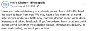 Hells Kitchen Minneapolis Restaurant Social Media Post Asking for Feedback